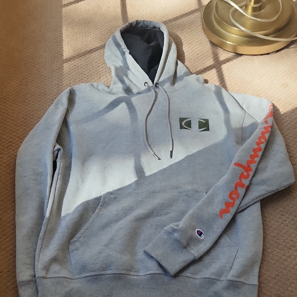 Champion Gray Hoodie with Orange Sleeve Logo